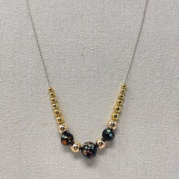 Murano Glass Millefiori Bead Necklace Long Black Gold-Tone Dainty Simple Minimal - Picture 2 of 9